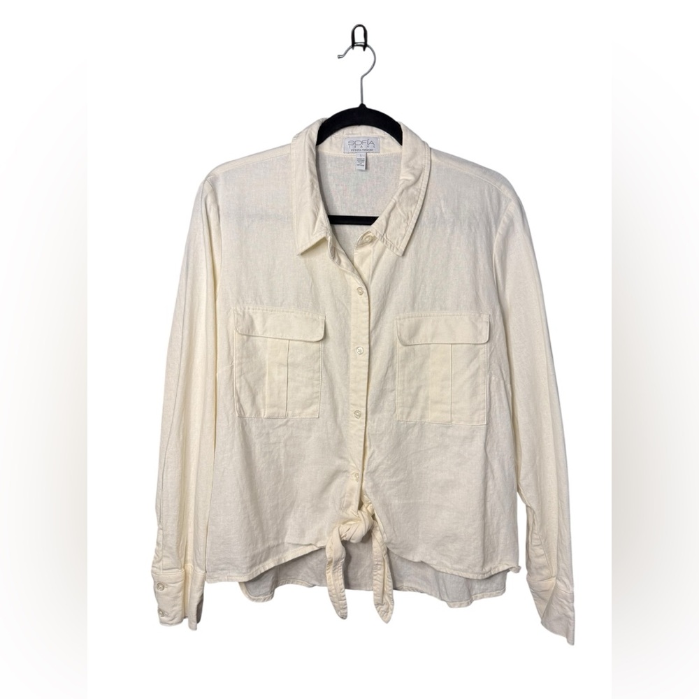 Women’s Sofia Jeans Size Large Tie Front Linen/Rayon Long Sleeve Button Down Top